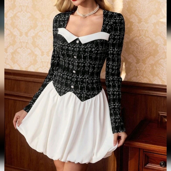 Elegant Party Bodycon Dress, Color Block Tulip Skirt Floral Turndown Collar Dres - Picture 1 of 4